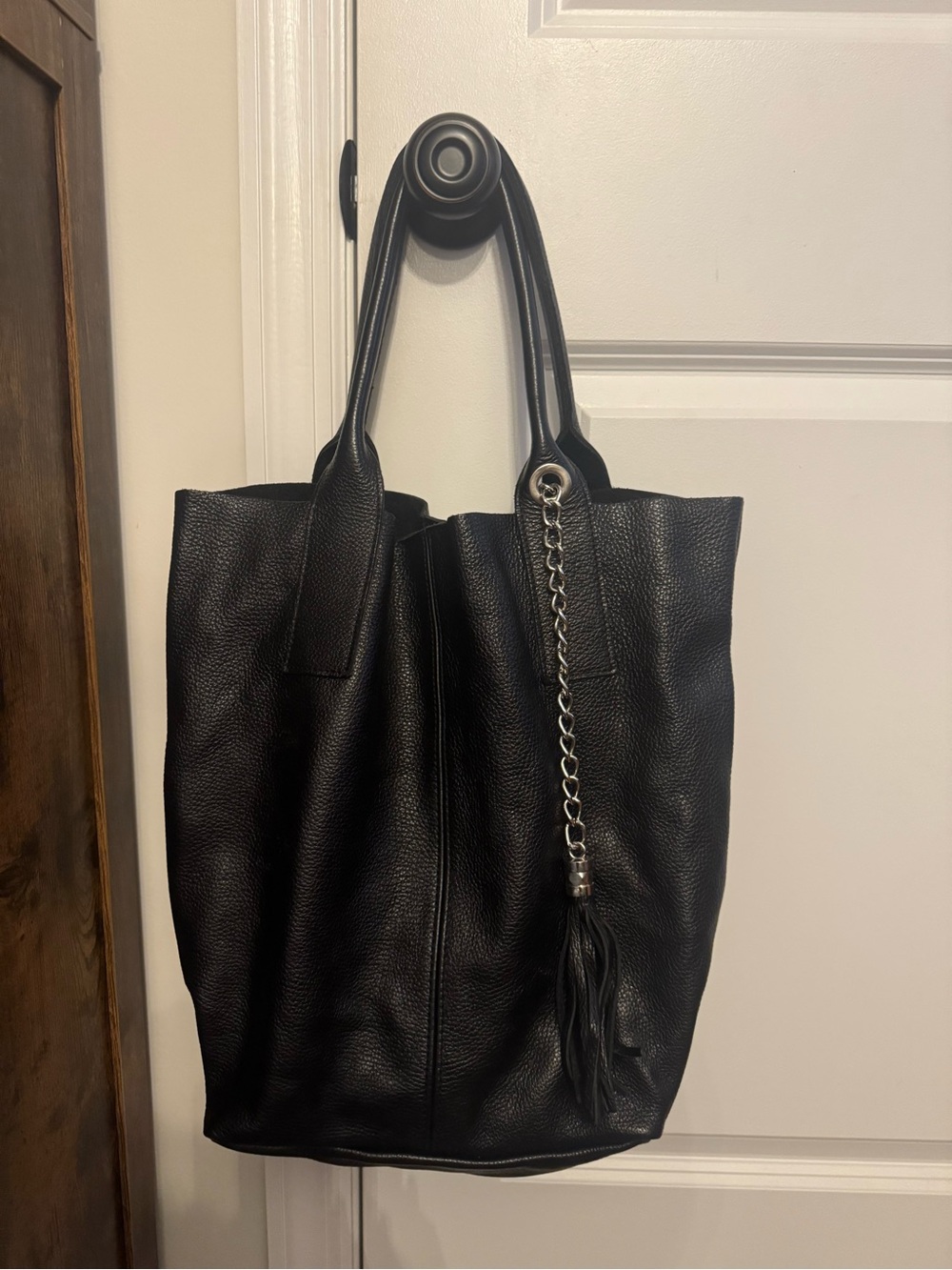 Black Leather Tote with Chain Tassel Accent